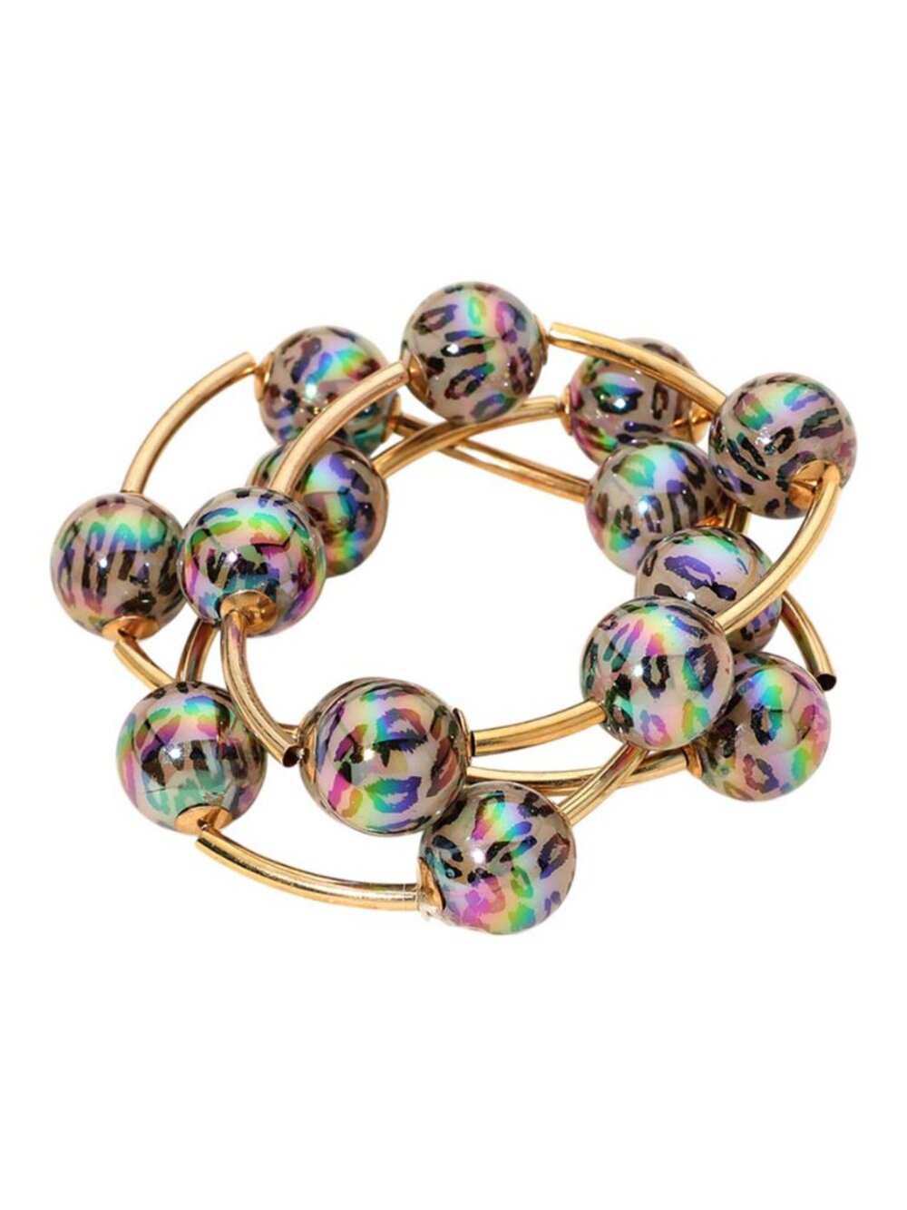 Tigerstars 3PCS - Animal Print Ball Metal Bar Beaded Stretch Layered Bracelet